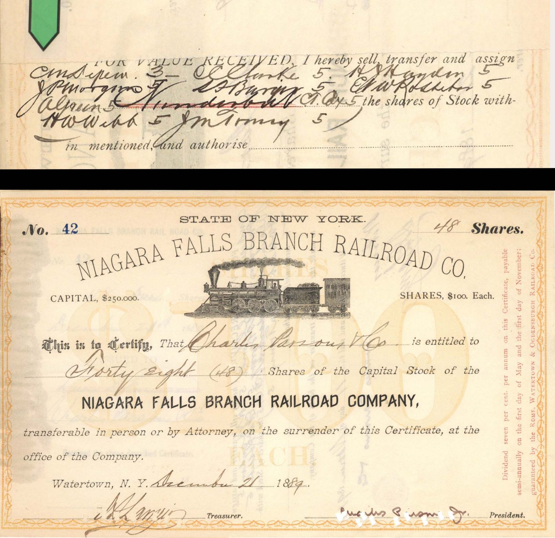 Niagara Falls Branch Railroad Co. Transferred to Chauncey M. Depew, J.P. Morgan, H.W. Webb, etc - Stock Certificate