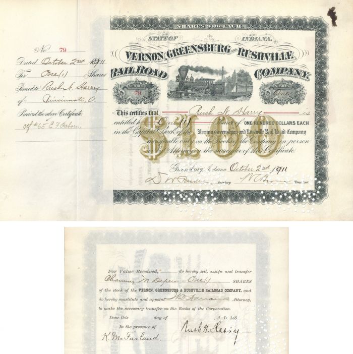 Vernon, Greensburg and Rushville Railroad Co. Transferred to Chauncey M. Depew - Stock Certificate