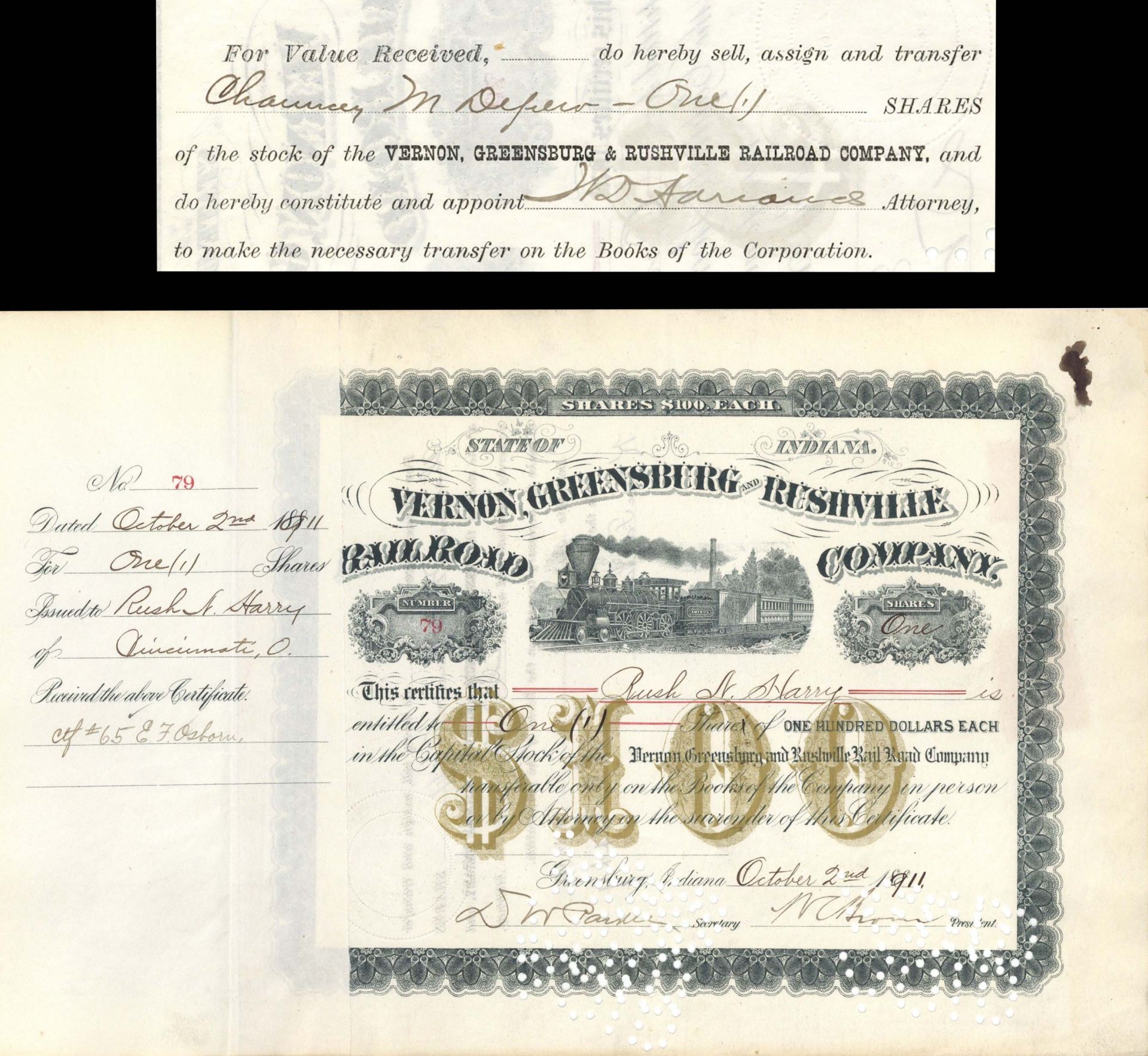 Vernon, Greensburg and Rushville Railroad Co. Transferred to Chauncey M. Depew - Stock Certificate