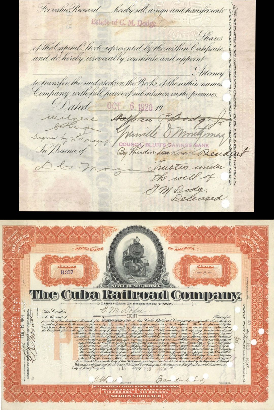 Cuba Railroad Co. Transferred to Estate of G. M. Dodge - 1904 dated Stock Certificate