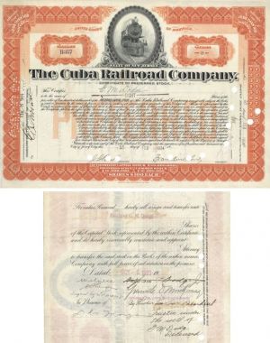 Cuba Railroad Co. Transferred to Estate of G. M. Dodge - Stock Certificate