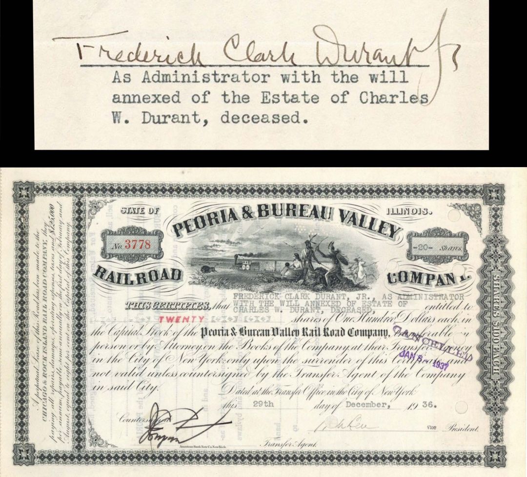 Peoria and Bureau Valley Railroad Co. Issued to various Durant's - 1936 or 1937 dated Stock Certificate