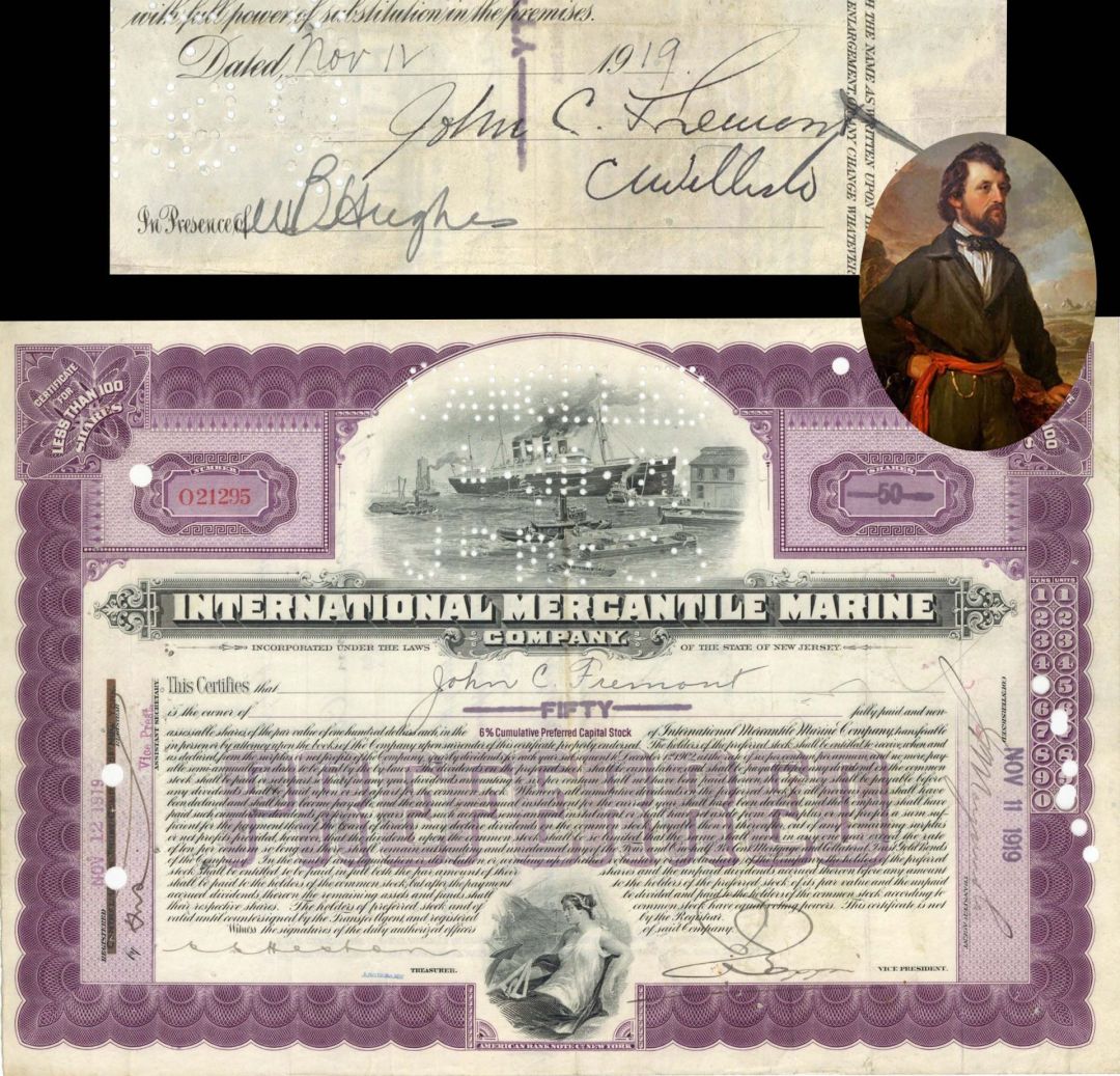 International Mercantile Marine Co. Issued to John C. Fremont - 1919 dated Stock Certificate - Titanic History