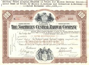 Issued to Milton S. Hershey Trust Co. - Hershey Chocolate related Northern Central Railway Co. - Not Signed - 1953-57 dated Railroad Stock Certificate