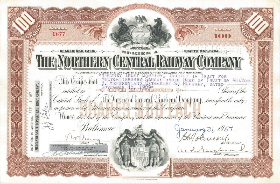 Issued to Milton S. Hershey Trust Co. - Hershey Chocolate related Northern Central Railway Co. - 1953-57 dated Railroad Stock Certificate