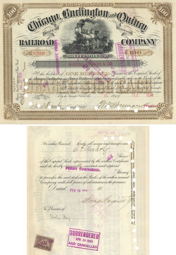 Chicago, Burlington and Quincy Railroad Co. signed by John Jay - Stock Certificate