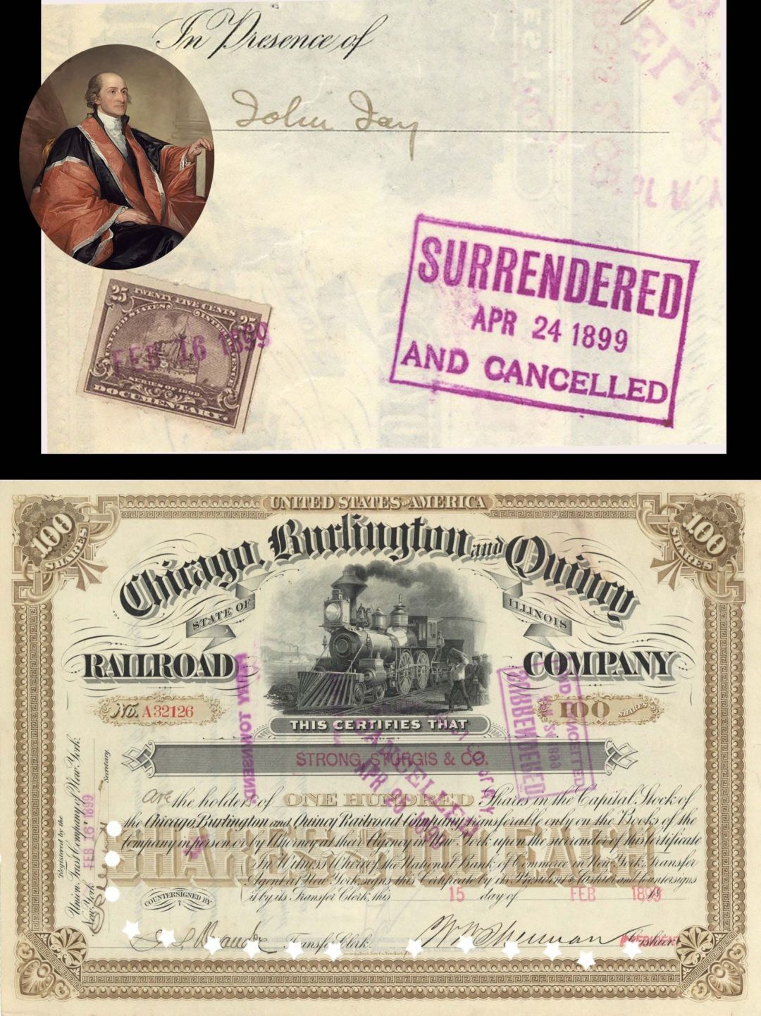Chicago, Burlington and Quincy Railroad Co. signed by John Jay - 1899 dated Stock Certificate