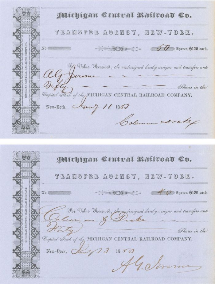 Michigan Central Railroad Co. Pair Issued to and Signed by A.G. Jerome - Stock Transfer