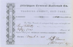 Michigan Central Railroad Co. Signed by A.G. Jerome - Stock Transfer