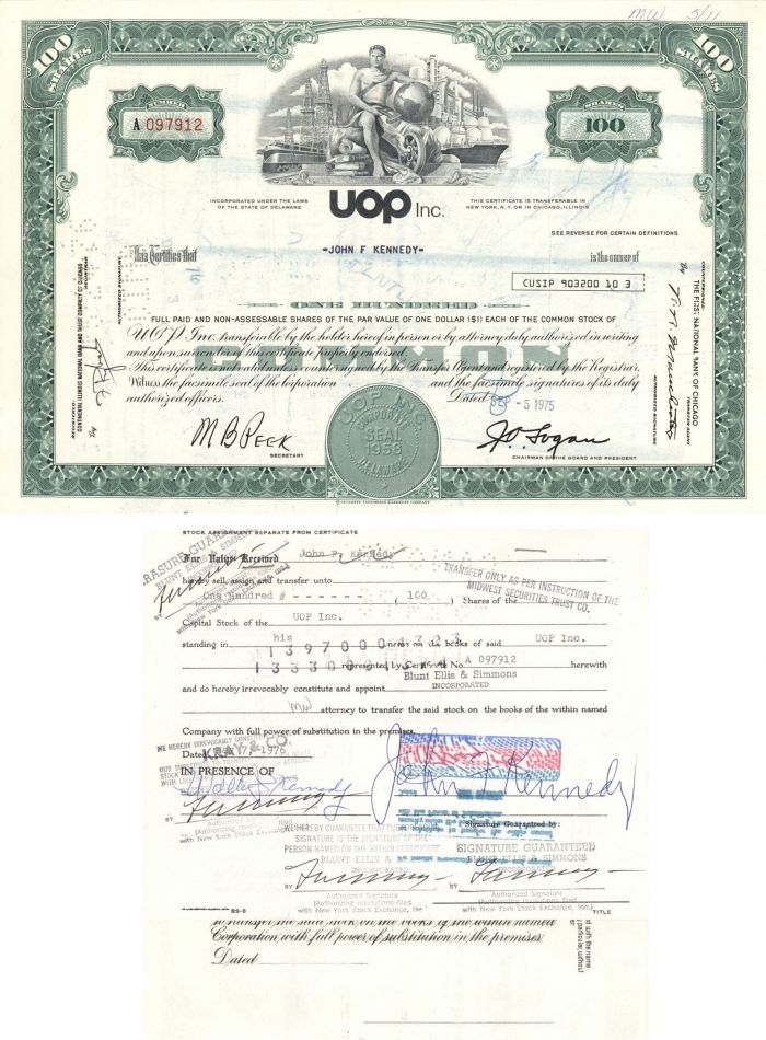 UOP Inc. Issued to John F. Kennedy - Not JFK, but Maybe a Relative - Stock Certificate
