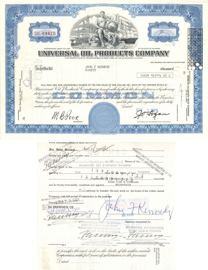 Universal Oil Products Co. Issued to John F. Kennedy - Stock Certificate - Possibly a relative of JFK?