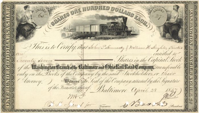 Washington Branch of the Baltimore and Ohio Railroad Co. Issued to John P. Kennedy - Stock Certificate