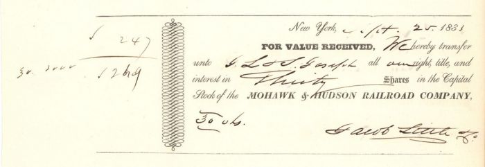 Mohawk and Hudson River Railroad Co. signed by Jacob Little - Transfer Receipt