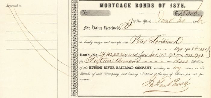 Hudson River Railroad Co. Bond Transferred to Peter Lorillard