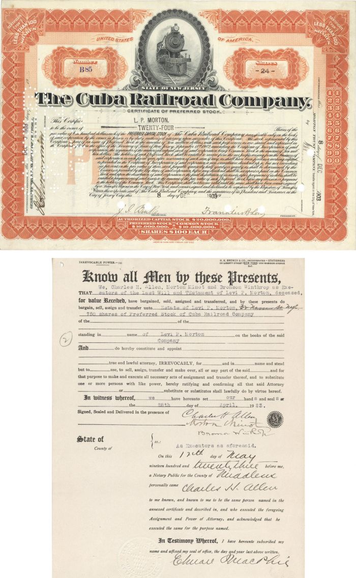 Cuba Railroad Co. Issued to L.P. Morton - Stock Certificate