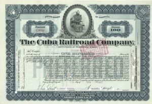Cuba Railroad Co. Issued to Ogden Mills - Stock Certificate