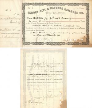Jersey City and Bayonne Railroad Co. Transferred to J. Pierpont Morgan - Stock Certificate