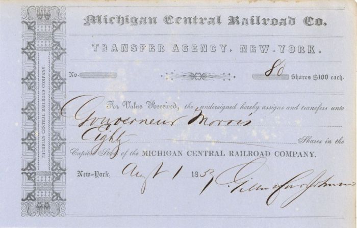 Gouverneur Morris - Michigan Central Railroad Co. - Stock Certificate