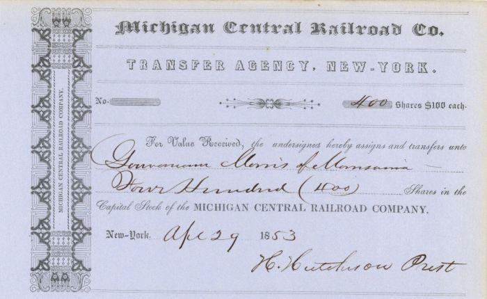 Gouverneur Morris of Morrisania - Michigan Central Railroad Co. - Stock Certificate