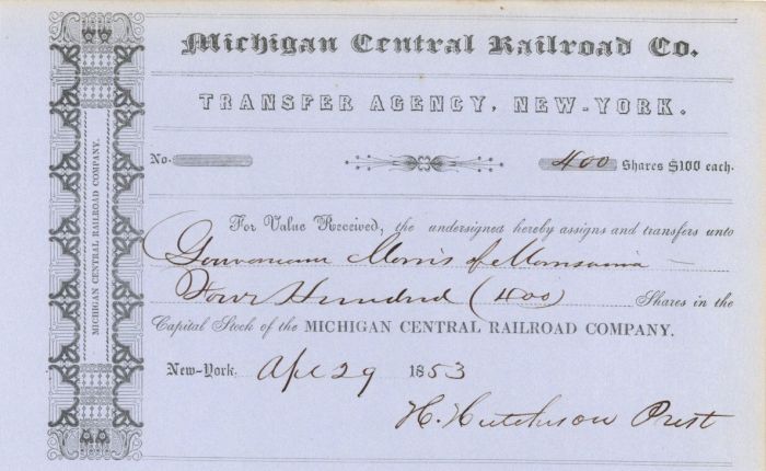 Gouverneur Morris of Morrisania - Michigan Central Railroad Co. - Stock Certificate