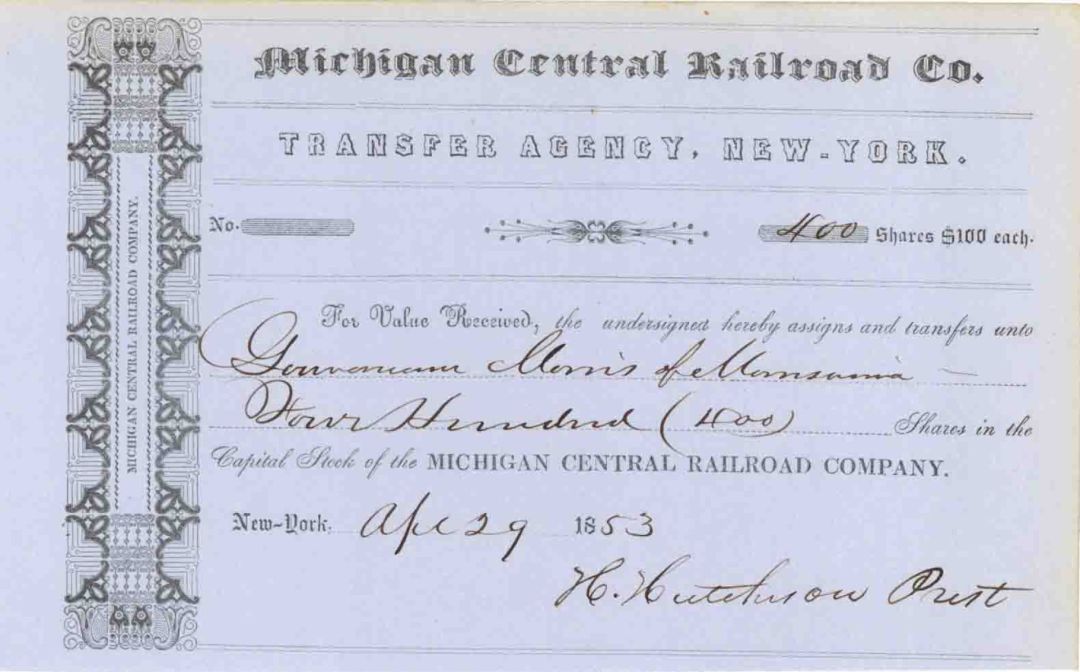 Michigan Central Railroad Co. issued to Gouverneur Morris of Morrisania - Stock Certificate