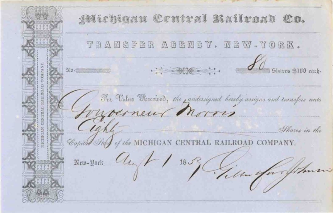 Michigan Central Railroad Co. issued to Gouverneur Morris - 1853 dated Stock Certificate