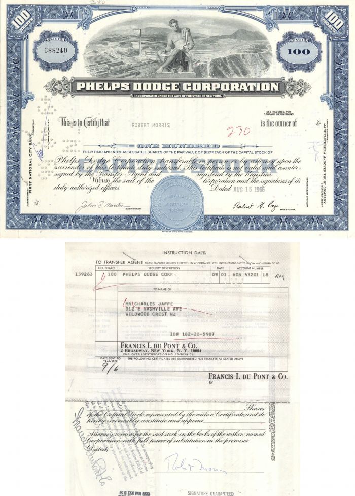 Phelps Dodge Corporation issued to Robert Morris - Stock Certificate