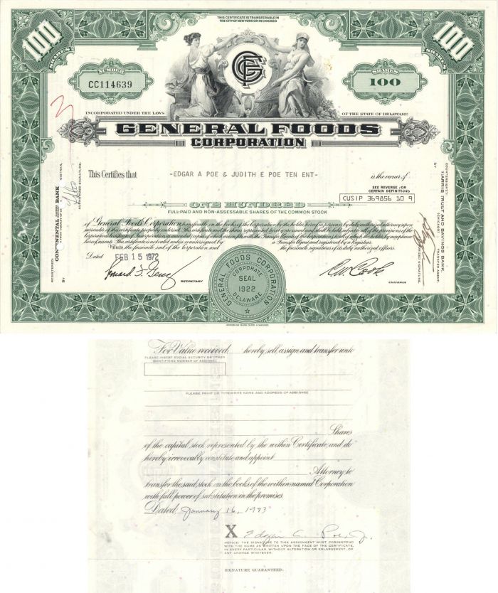 General Foods Corporation issued to Edgar A. Poe - Stock Certificate - Further Research is Needed