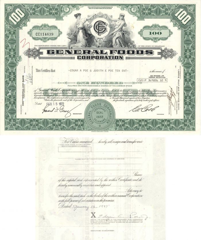 General Foods Corporation issued to Edgar A. Poe - Stock Certificate - Further Research is Needed