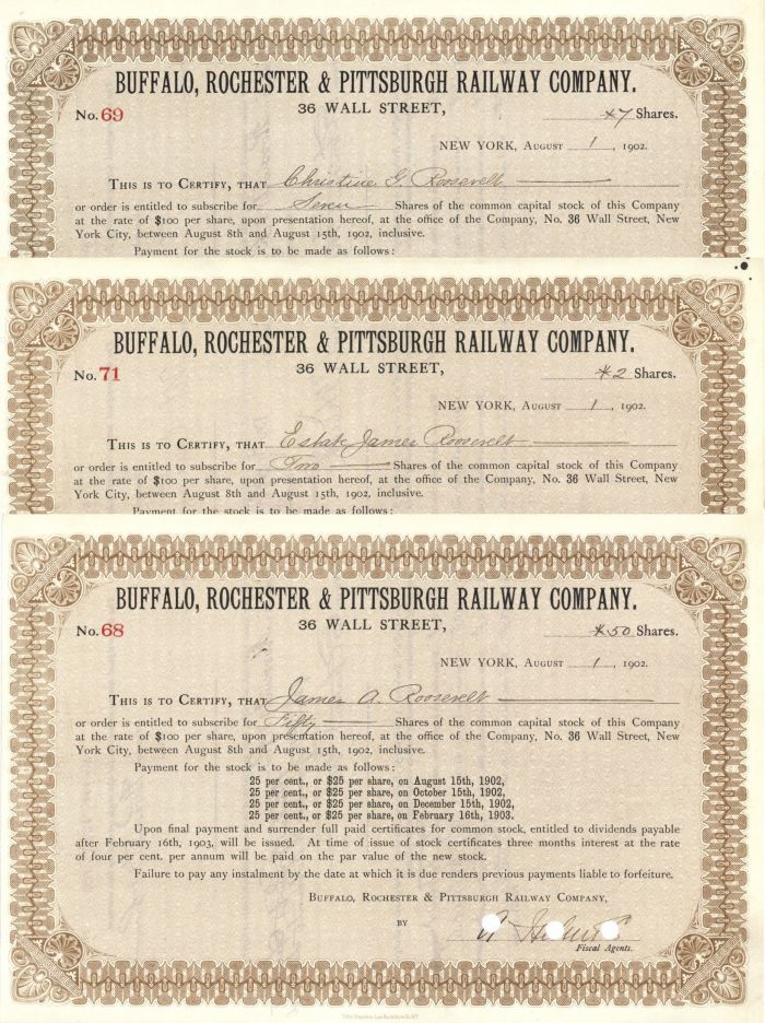 Buffalo, Rochester and Pittsburgh Railway Co. issued to 3 different Roosevelts - Stock Certificate