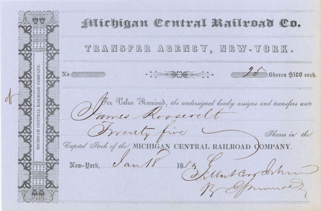Michigan Central Railroad Co. issued to James Roosevelt - 1853 dated Stock Certificate