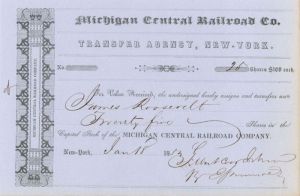 Michigan Central Railroad Co. issued to James Roosevelt - Stock Certificate