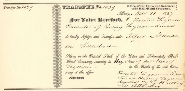 Utica and Schenectady Rail-Road Co. Issued to Horatio Seymour Executor - Stock Transfer