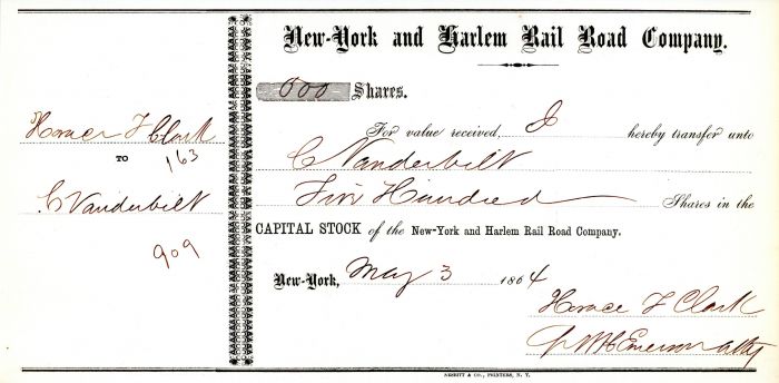 1860's New York and Harlem RR issued to Commodore Cornelius Vanderbilt - Transfer Receipt of Shares