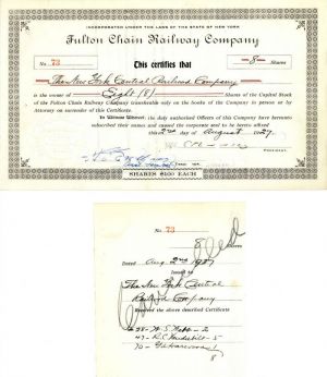 Fulton Chain Railway Co. Transferred to Reginald Vanderbilt - Railroad Stock Certificate