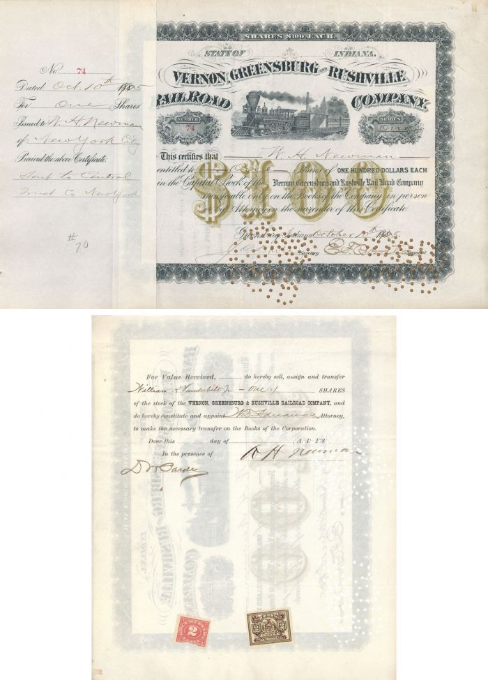 Vernon, Greensburg and Rushville Railroad Co. Transferred to William K. Vanderbilt, Jr. - Stock Certificate