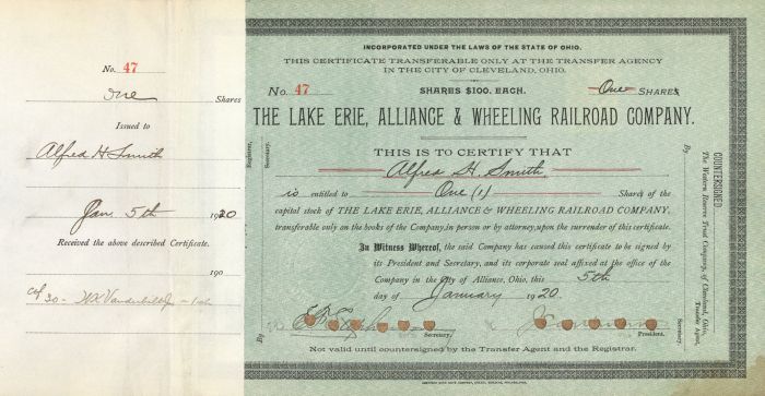Lake Erie, Allliance and Wheeling Railroad Co. Transferred to William K. Vanderbilt, Jr. - Stock Certificate
