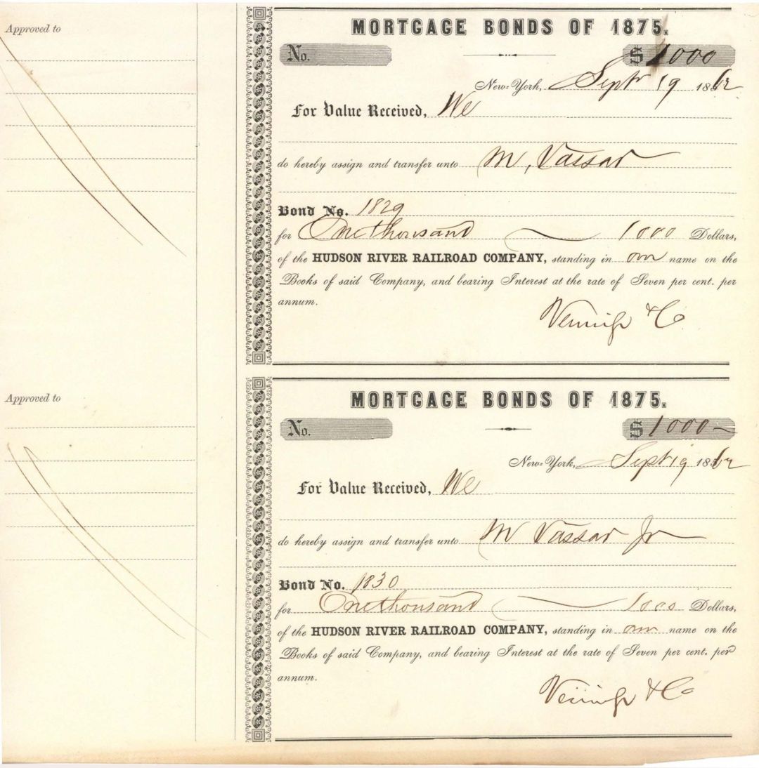 Pair of Hudson River Railroad Co. Transferred to M. Vassar Jr. and Sr. - 1862 dated Bond Transfer