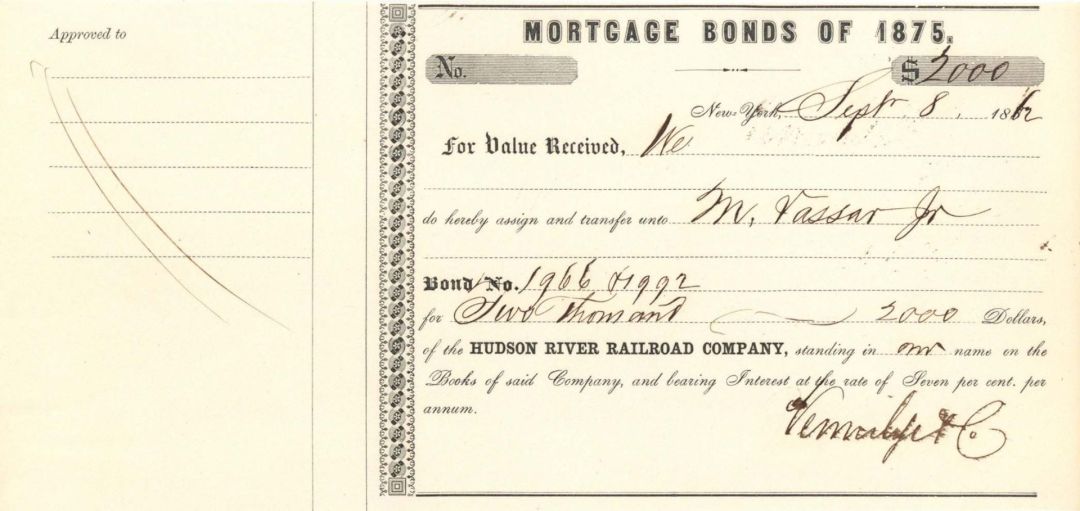Hudson River Railroad Co. Transferred to M. Vassar Jr. - 1862 or 1863 dated Bond Transfer
