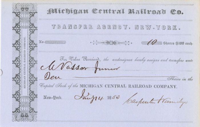 Michigan Central Railroad Co. Transferred to M. Vassar Junior - Bond Transfer