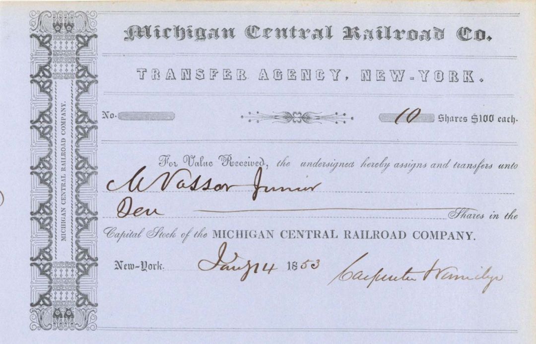 Michigan Central Railroad Co. Transferred to M. Vassar Junior - 1853 dated Bond Transfer