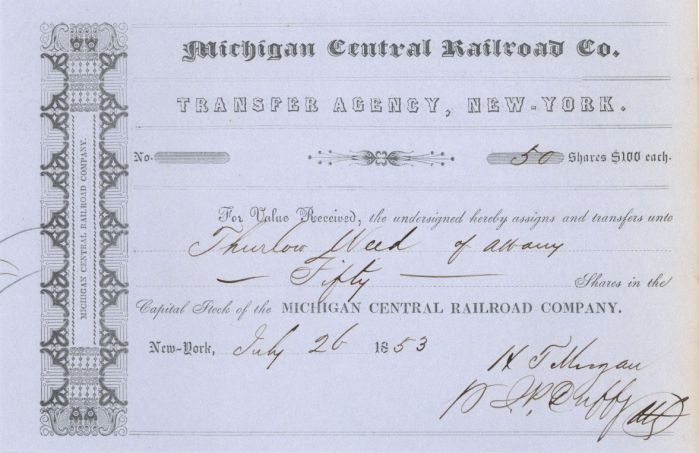 Michigan Central Railroad Co. Transferred to Thurlow Weed of Albany - Stock Transfer