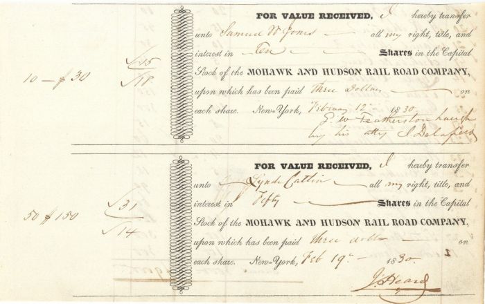 Pair of Mohawk and Hudson Rail Road Co. Transfers Issued to Lynde Catlin - Stock Certificate