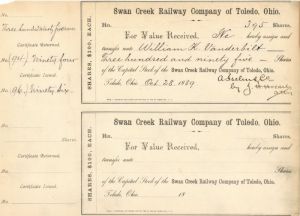 Swan Creek Railway Co. of Toledo, Ohio Transferred to Wm. K Vanderbilt - Stock Certificate