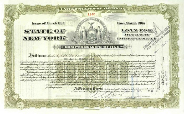 William Avery Rockefeller II signed State of New York Bond Loan for Highway Improvement - Only 2 Discovered