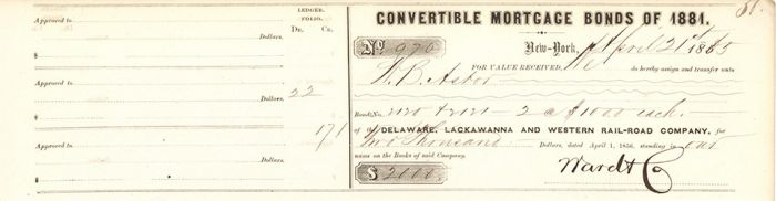 Delaware, Lackawanna and Western Rail-Road Co. Transferred to Wm. B. Astor - Autographed Stocks and Bonds