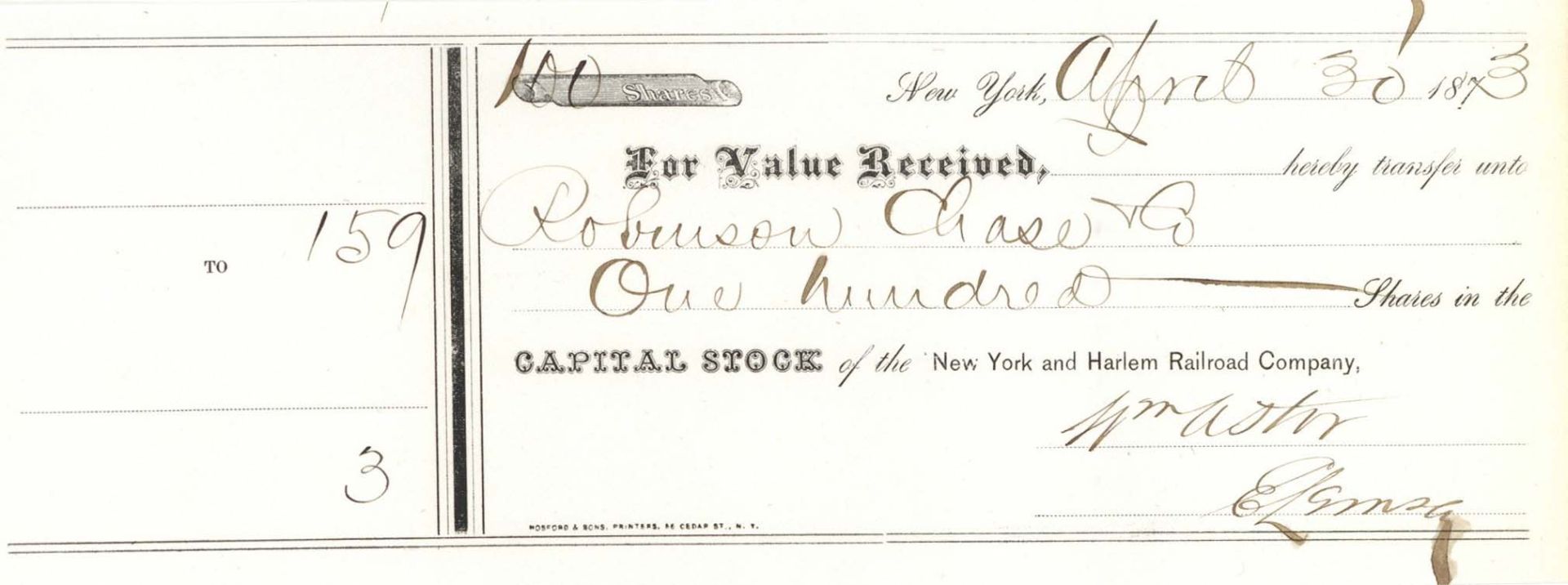 New York and Harlem Railroad Co. Transferred to Wm. B. Astor - Autographed Railway Stocks and Bonds