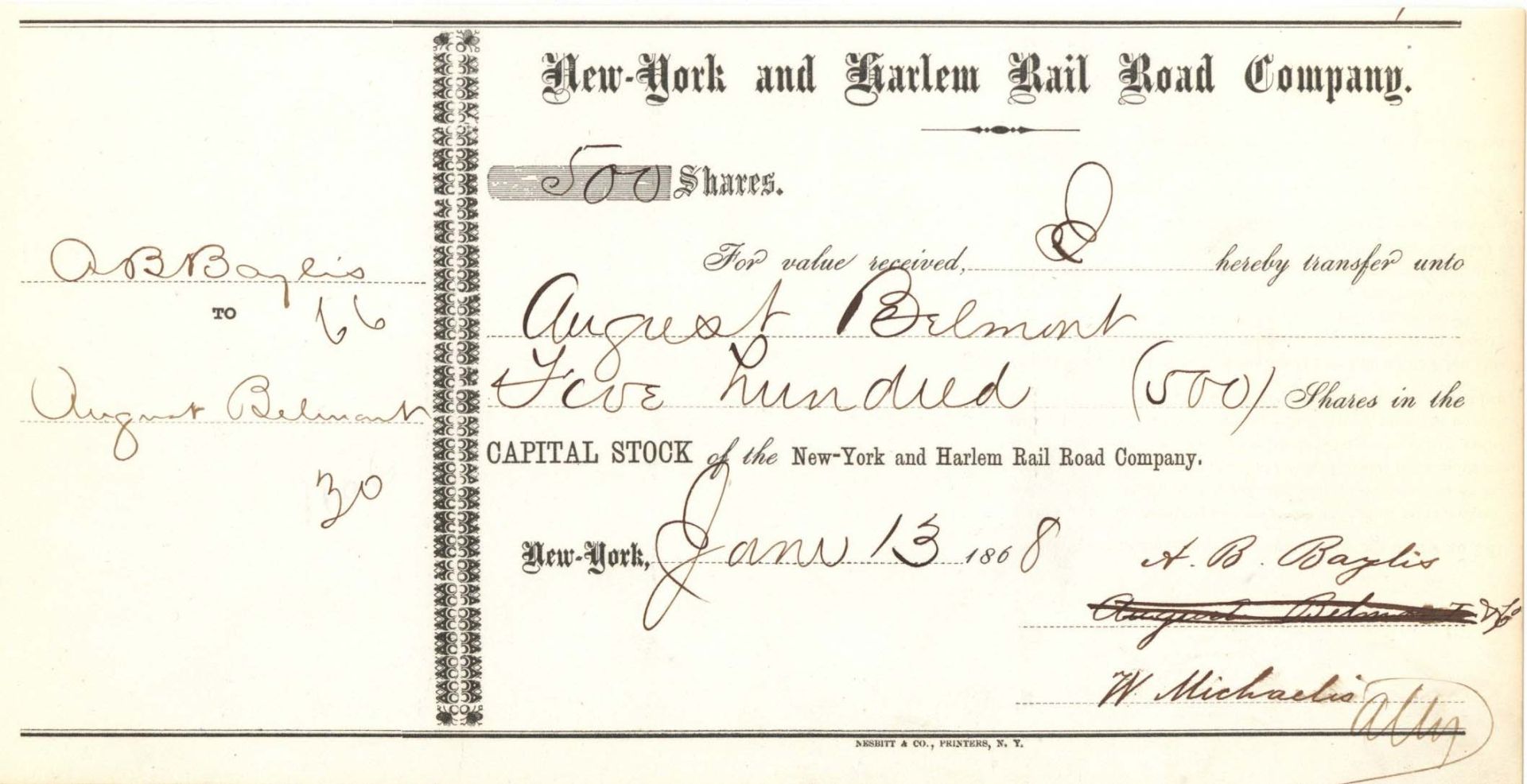 New York and Harlem Rail Road Co. Transferred to August Belmont - Autographed Railway Stocks and Bonds