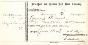 New York and Harlem Rail Road Co. Transferred to August Belmont - Autographed Railway Stocks and Bonds