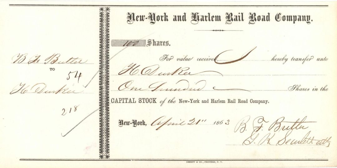 New York and Harlem Rail Road Co. Transferred to Benj. Butler - 1863 dated Autographed Railway Stocks and Bonds